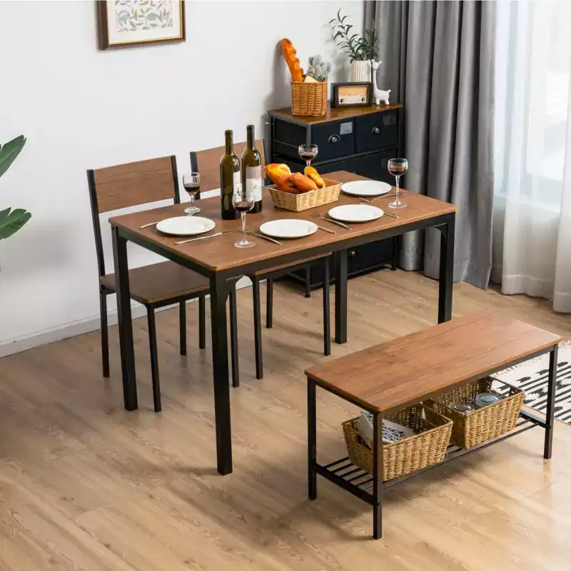Costway 4pcs Dining Table Set Rustic Desk 2 Chairs & Bench w/ Storage Rack