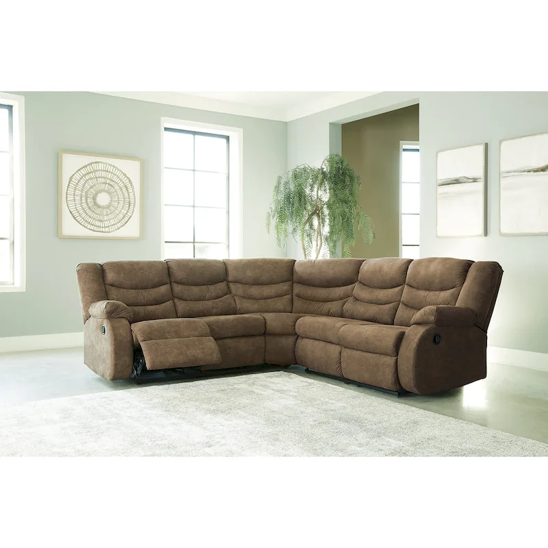 Grey / Brown Faux Leather Reclining Sectional, 2-Seat, Pull Tab