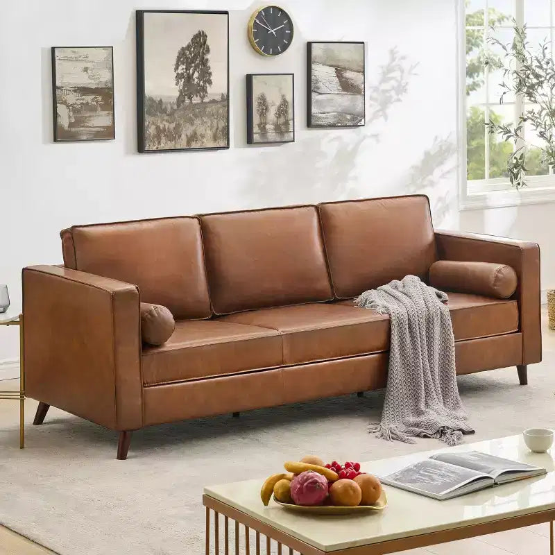 80 Leather Sofa, Mid-Century Modern Deep Seat Couch 3-Seat Sofa for Living Room