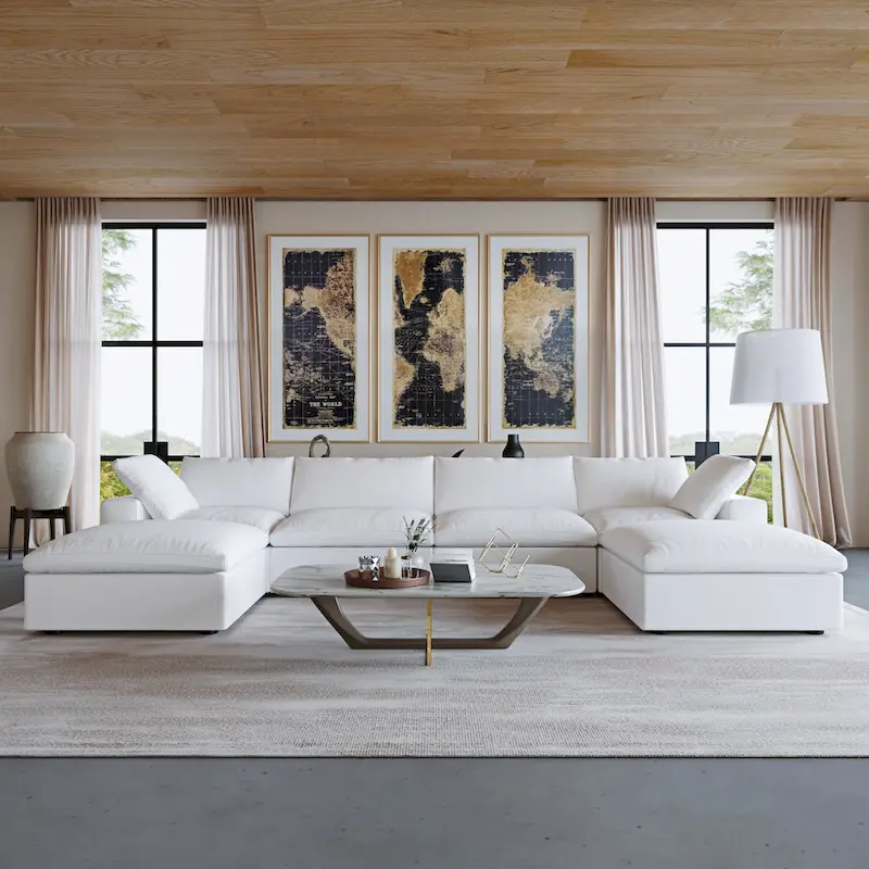 U-shape Linen Upholstered Sectional Sofa Multiple Cushions Modular Couch