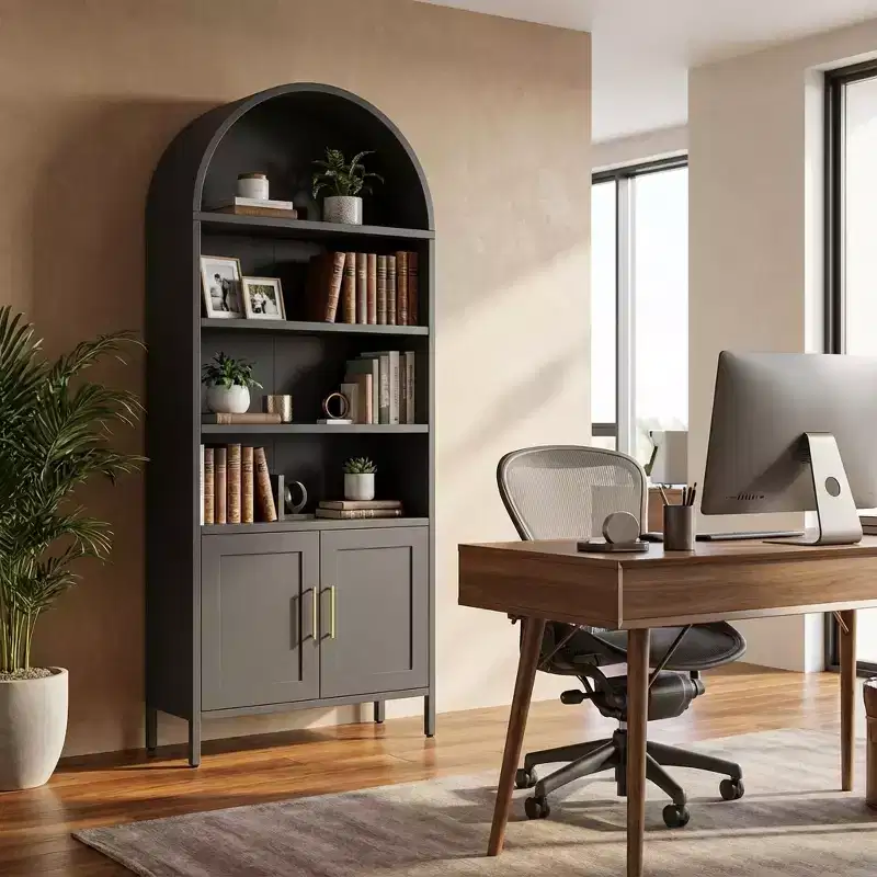 73 Tall Black Metal Arched Cabinet, Modern 5-Tier Bookshelf with Adjustable Shelves, Versatile Storage for Kitchen Pantry or Display