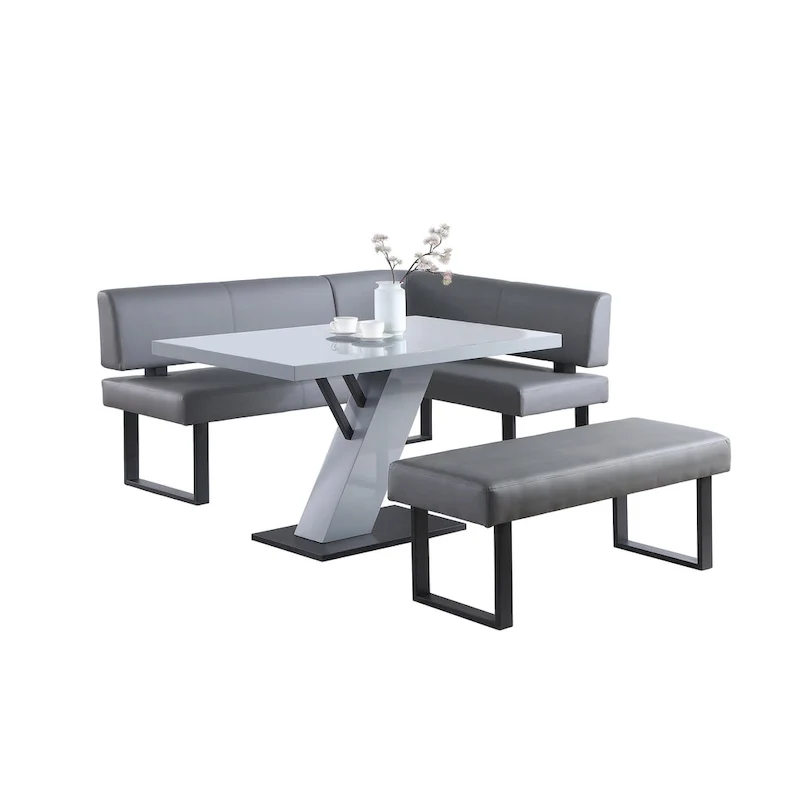 Somette Lillian 3-Piece Gloss Gray Dining Set with Dining Table, Nook and Bench