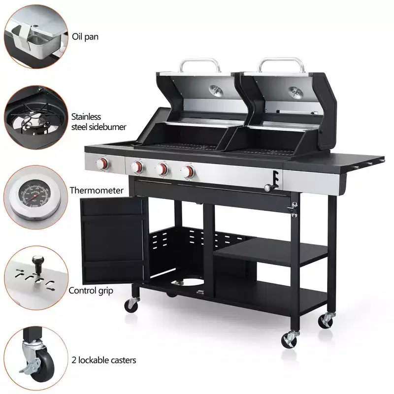 3-Burner Propane & Charcoal Combo Grill with Side Burner, Enamel Cast Iron Grids, Stainless Steel Warming Rack, 37,230 BTU Outdoor BBQ