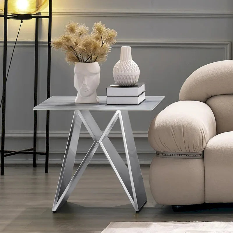 Silver M-Shape Base End Table, Glass Accent Table