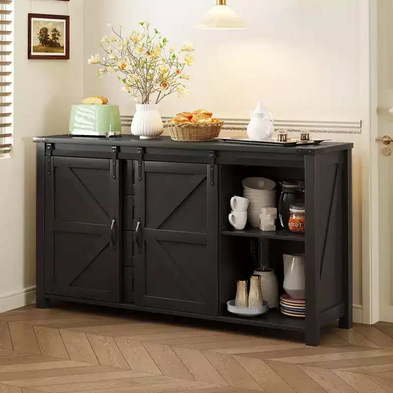 Farmhouse 4-Drawer Buffet Sideboard Storage Cabinet for Dining Room, Kitchen Pantry Cabinets with Sliding Barn Door & Metal Handles