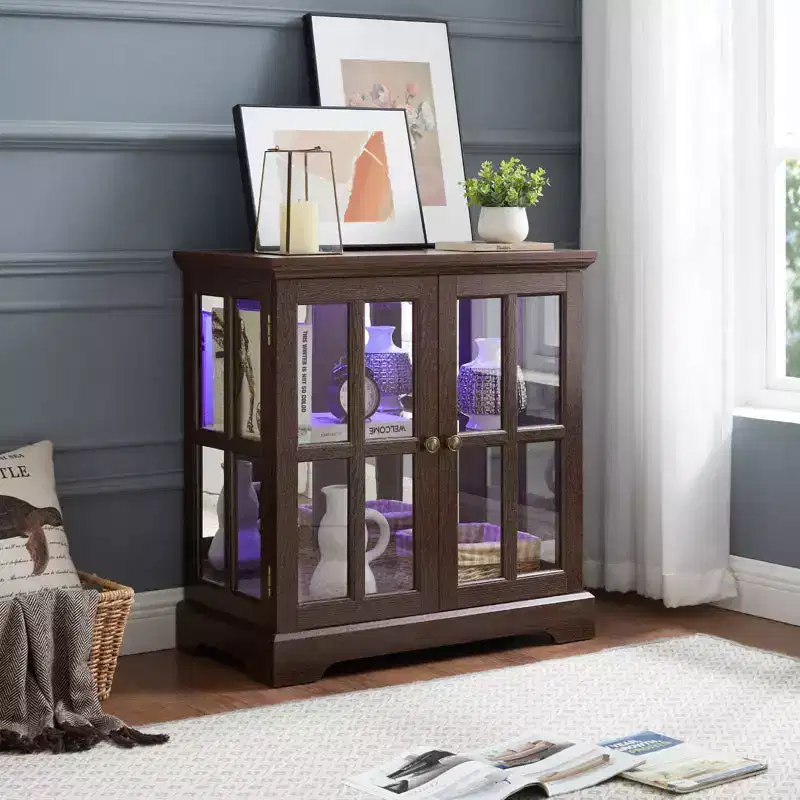 Antique Display Cabinet with Adjustable Shelves, Retro Design Quality Showcase with Lattice Doors Elegant Bookcase and Storage Cabinet for Home Decor