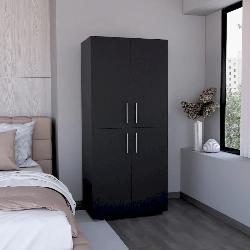 31.5  Modern Four-door Armoire with Six Shelves and Two Hanging Rods for Bedroom