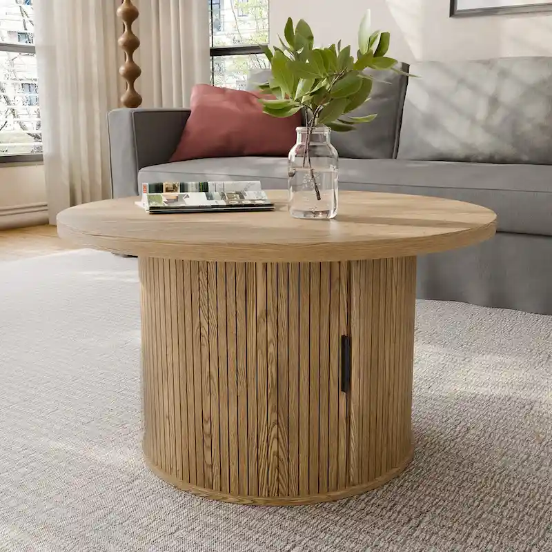 Round Coffee Table with Tambour Doors and Storage Shelf