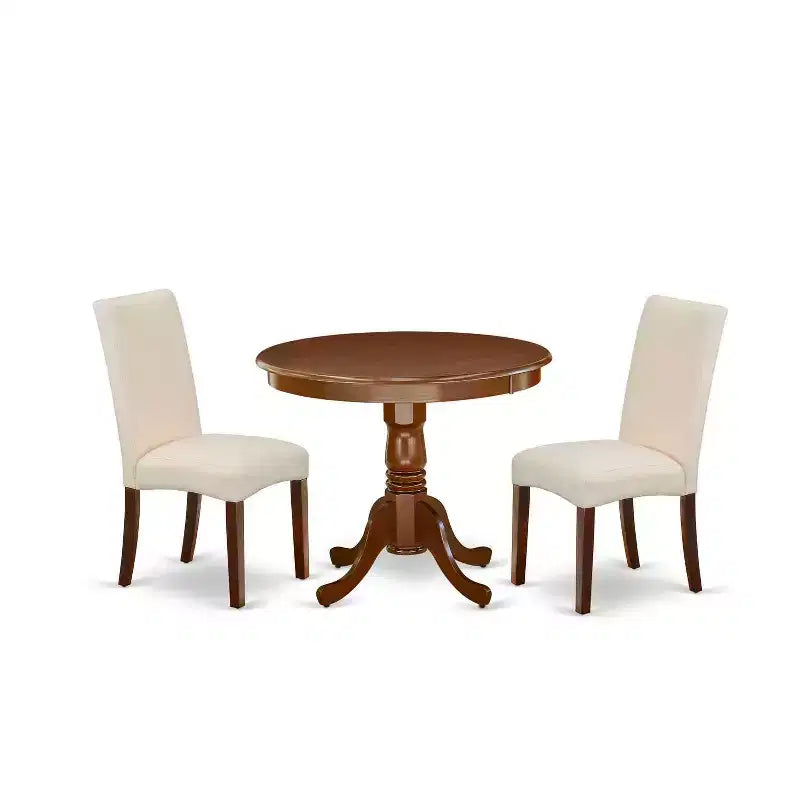Round Dining Table Set 36 Inch - 3Pc Coastal Craftsman Table & Chairs - Linen Fabric Cream