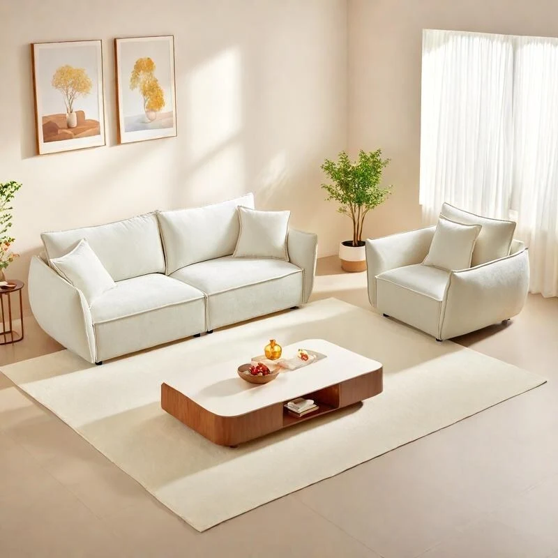 2-Pieces Linen Fabric 4-Seat Modular Sofa Set with 3+1 Seater Combo and Wooden Frame & 3 Pillows