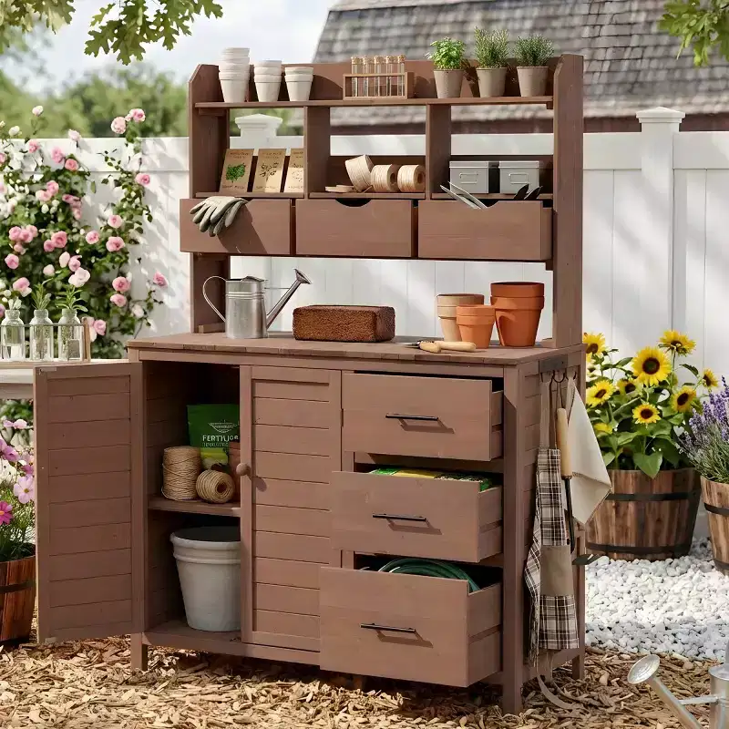 Farmhouse Potting Bench for Gardening, 65 Freestanding Garden Workstation with 6 Drawers, Cabinet, and Side Hook-Panipeachy