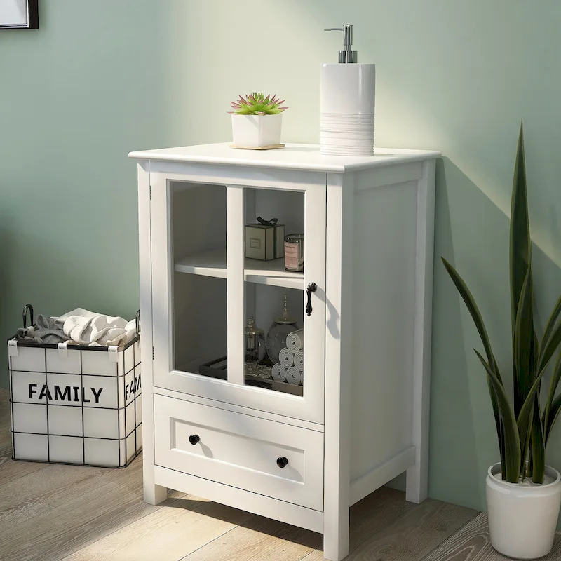 Wood Buffet Storage Cabinet Double Glass Doors Retro Bell Handle Brown