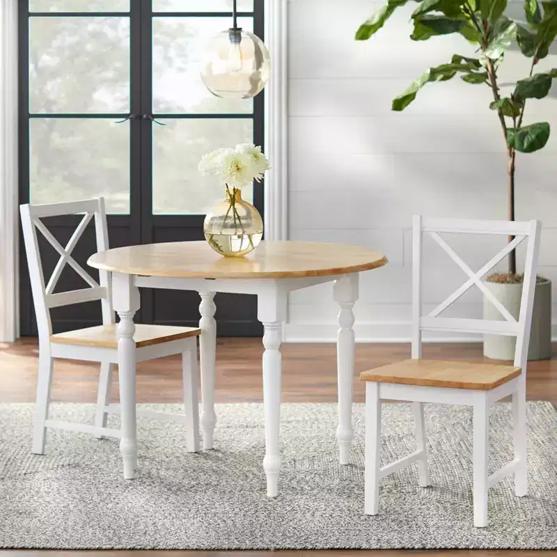 Buylateral 3pc Virginia Farmhouse Round Drop Leaf Dining Set White/Natural