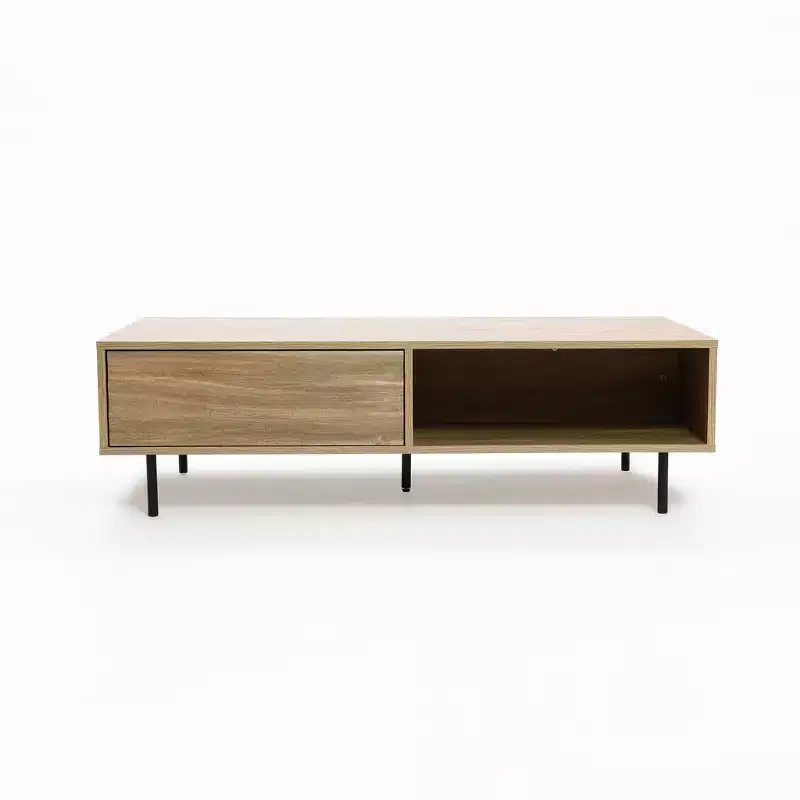 LuxenHome Mid-Century Modern Coffee Table, Wave Design Wood Table with Metal Legs, Drawer & Shelf, Farmhouse Accent Table for Living Room Brown