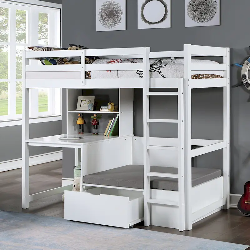 Wegh Solid Wood Twin Size Loft Bed with Workstation and Hidden Storage