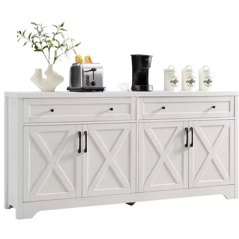 61-Inch TV Stand with Storage Cabinet and Tempered Glass Doors, White