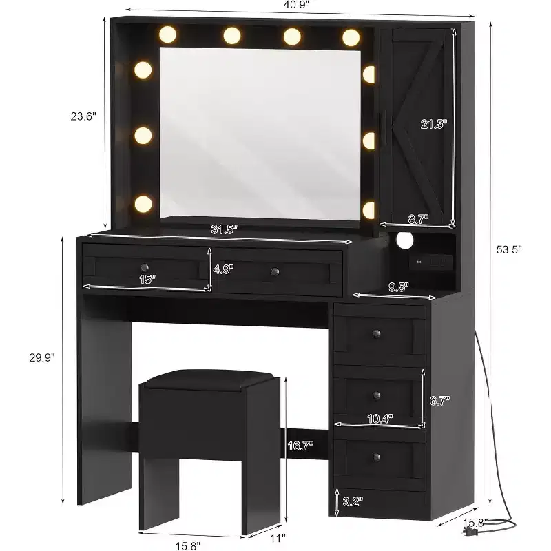 Elegant Dressing Table Set with LED Mirror Lights, Makeup Vanity Desk and Stool Featuring Charging Station, Multiple Drawers & Storage Shelves