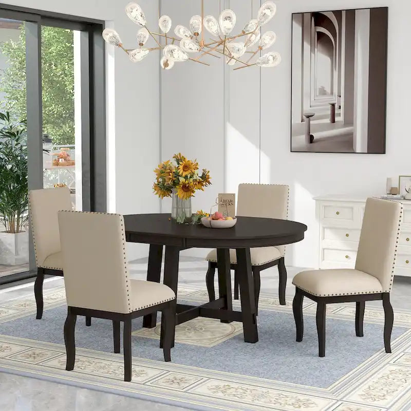 5-Piece Farmhouse Dining Table Set Wood Round Extendable Dining Table and Chair Sets with Nailheads Chairs for Dining Room