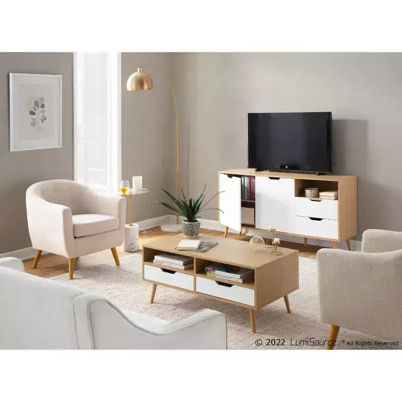 White & Brown Rectangle Coffee Table with Drawers & Shelves 鈥?Seats 1