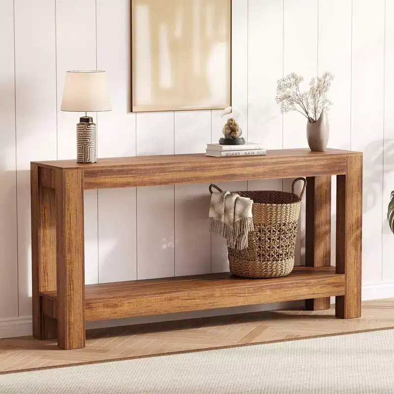 63 Entryway Console Table, 2 Tier Narrow Long Sofa Table, Wooden Behind Couch Table, Entry Foyer Table for Living Room, Hallway, Brown