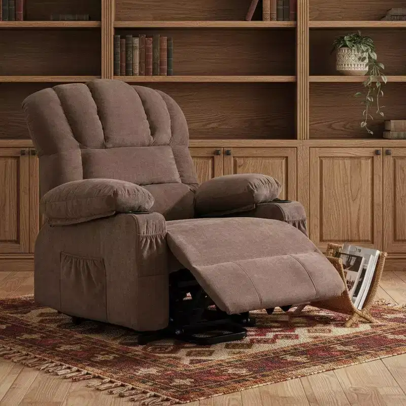 HomeRoots 39 Brown Faux Leather Heated Massage Lift Assist Recliner With USB