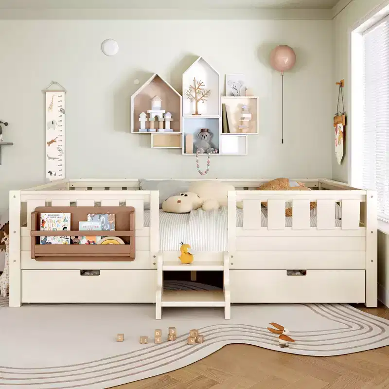 Bellemave Queen Size Toddler Bed with 14 Safety Guardrails, Space-saving Bed Frame with Built-in Bookshelves & 2 Under-Bed Storage Drawers