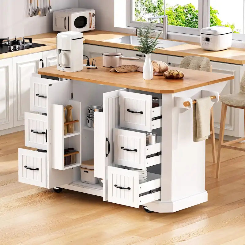 56  Kitchen Island With Drop Leaf, Rolling Kitchen Cart On Wheels, Rolling Kitchen Table with Drawers