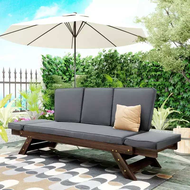 MAYEERTY Outdoor Adjustable Patio Wooden Daybed Sofa Chaise Lounge with Cushions for Small Places