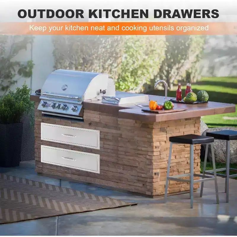 Acekool Outdoor Kitchen Drawer 30 W x 23 H x 10 D, Stainless Steel 2-Drawer Built-In Dresser for BBQ Island, Patio Grill Station, Silver