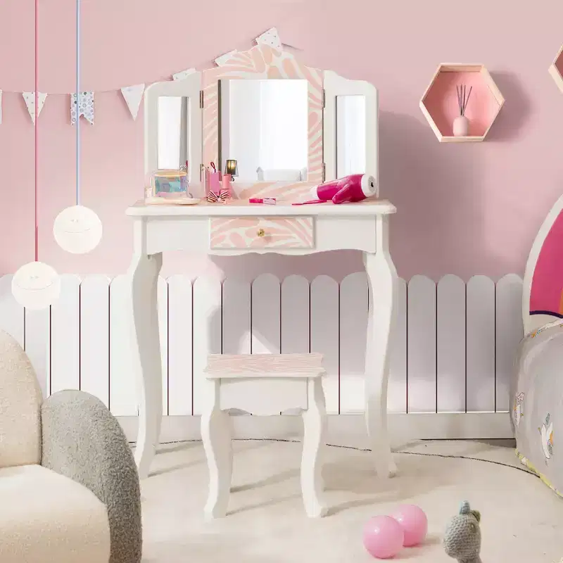 Costway Kid Vanity Set Wooden Makeup Table Stool Tri-Folding Mirror Zebra-Stripe Pink