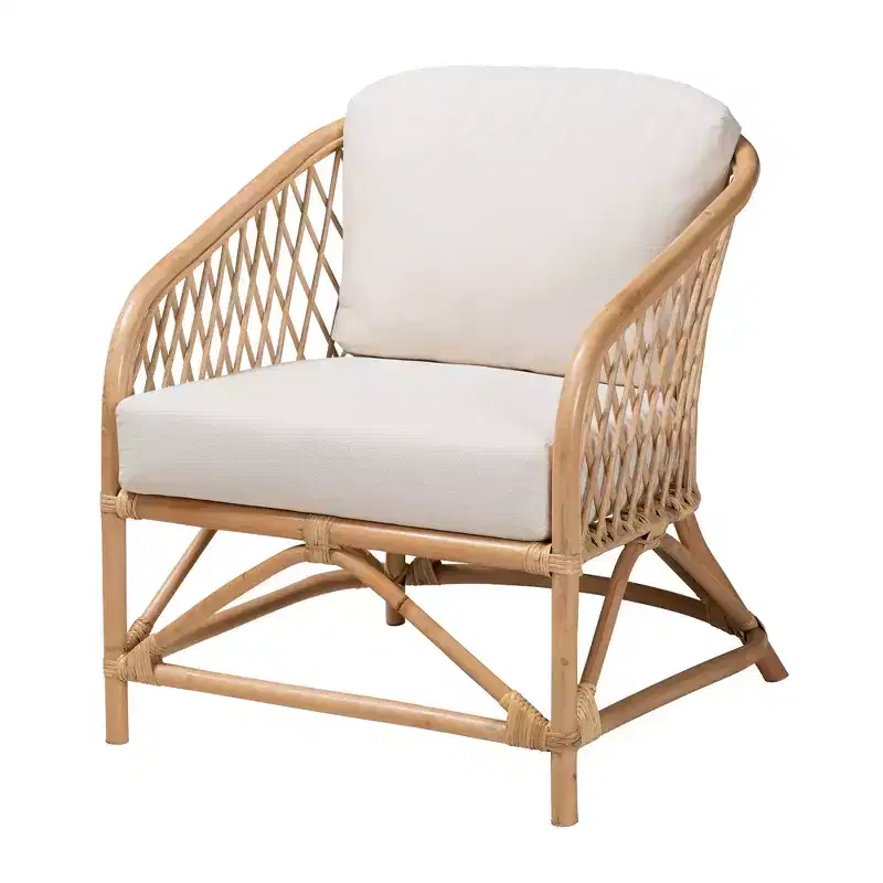bali & pari Patsy Modern Bohemian White Fabric and Natural Brown Rattan Armchair