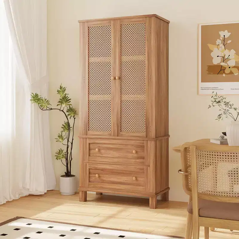 64-Inch Tall Pantry Cabinet with Rattan Doors, 2 Drawers and Adjustable Shelves