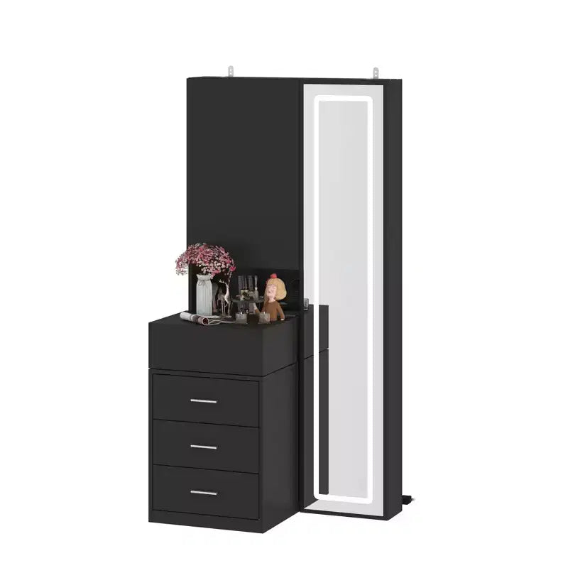 Famapy Stylish Vanity Cabinet with Full-Size LED Mirror & Divided Drawers,White/Black/Pink Storage Cabinet,Spacious Organizer for Bedroom Makeup