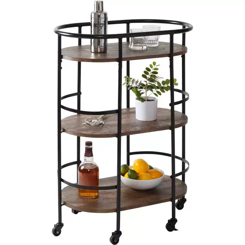 Honey-Can-Do 3 Tier Oval Bar Cart Walnut: Indoor Serving Drink Cart with Steel Frame, Fixed Shelves, 34.8 Height