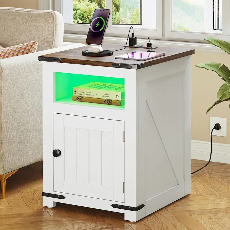 Farmhouse End Table with Charging Station, USB Ports and LED Lights