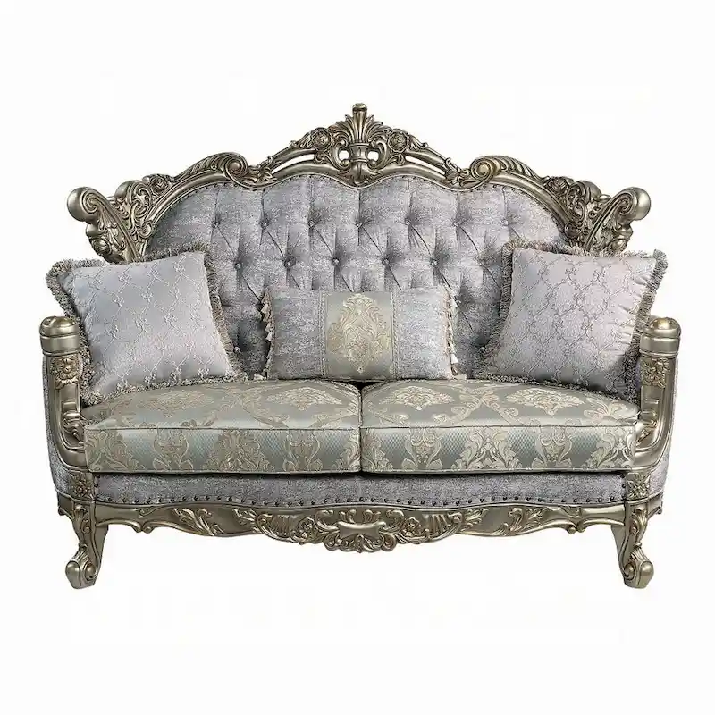 Royale Loveseat, 3 Pillows, Gray Fabric, Antique Bronze Wood, 73 Inch