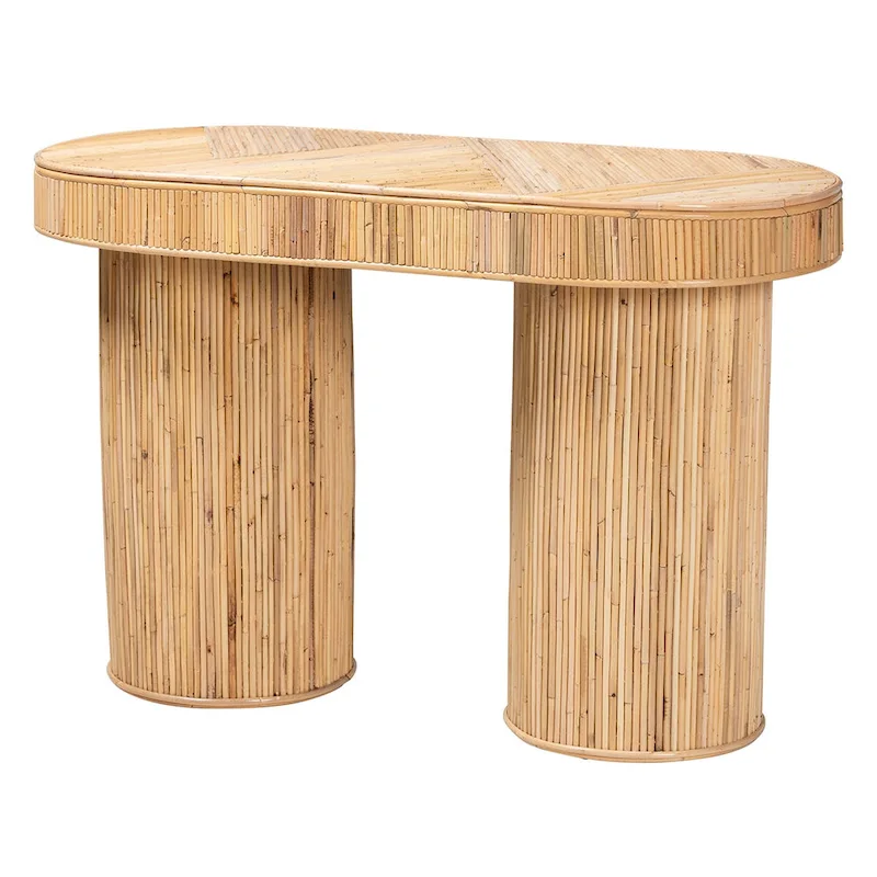 Light Honey Wicker Bohemian Oval Console Table