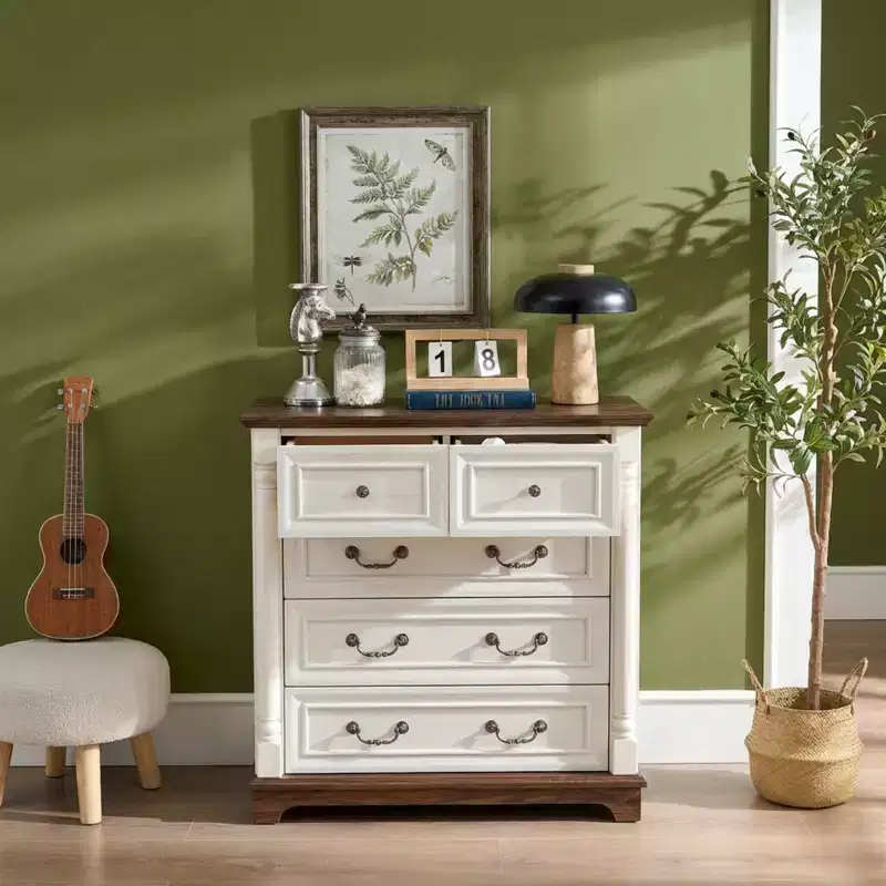 31-Inch Wooden Farmhouse Five-Drawer Chest Natural Walnut Finish