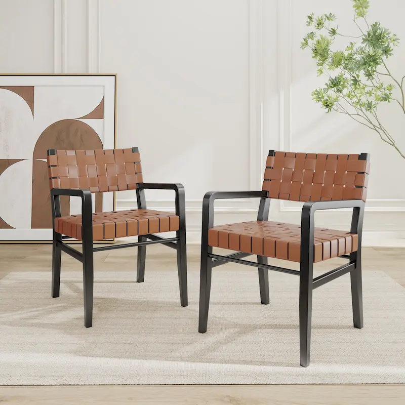 Woven Leather Rubberwood Dining Chairs With Arms (Set of 2)