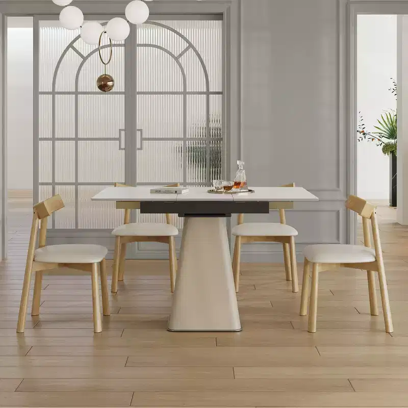 GDFStudio Lin 5 Piece Leather Upholstered Dining Expandable Table Set with 4 Chairs, Sintered Stone Tabletop and Steel Base