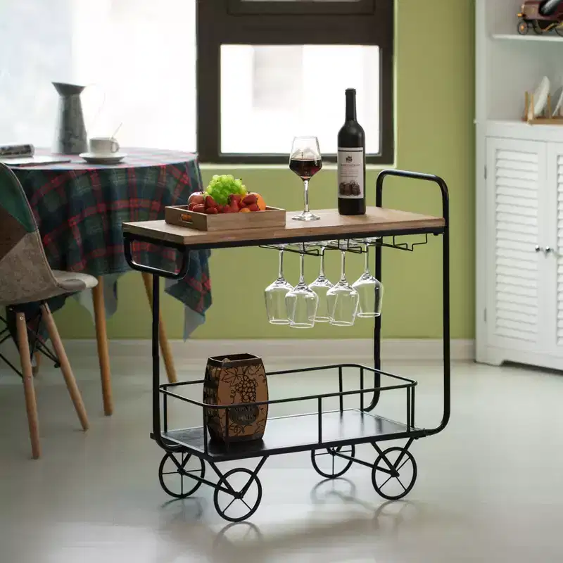 Metal Wine Bar Serving Cart with Rolling Wheels, Wine Rack & Glass Holder 鈥?32.5W x 13D x 25H