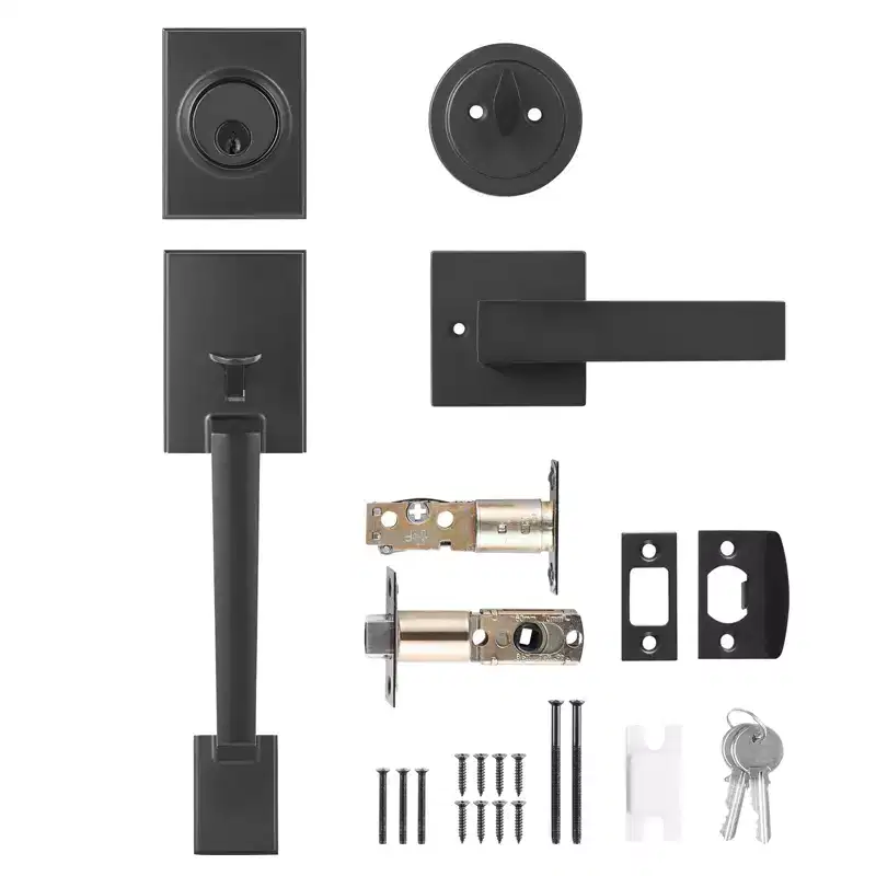 VEVOR Front Door Handle and Deadbolt Set, Square Entry Handle Set with Lever, Single Cylinder, Adjustable Hole Space, Matte Black
