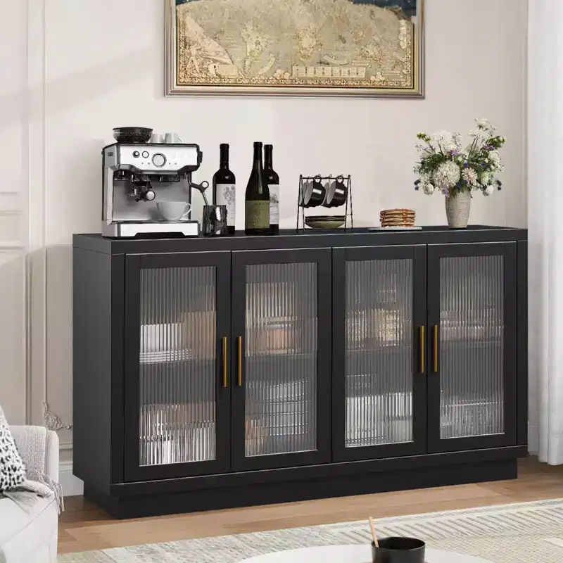 Black Buffet Sideboard Cabinet with 4 Glass Doors 鈥?55.1W, Adjustable Shelves