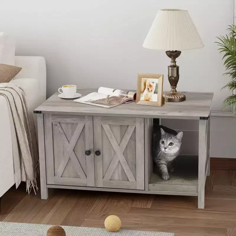 Hidden Cat Litter Box Furniture with Scratching Board, Wooden TV Stand & Cat House
