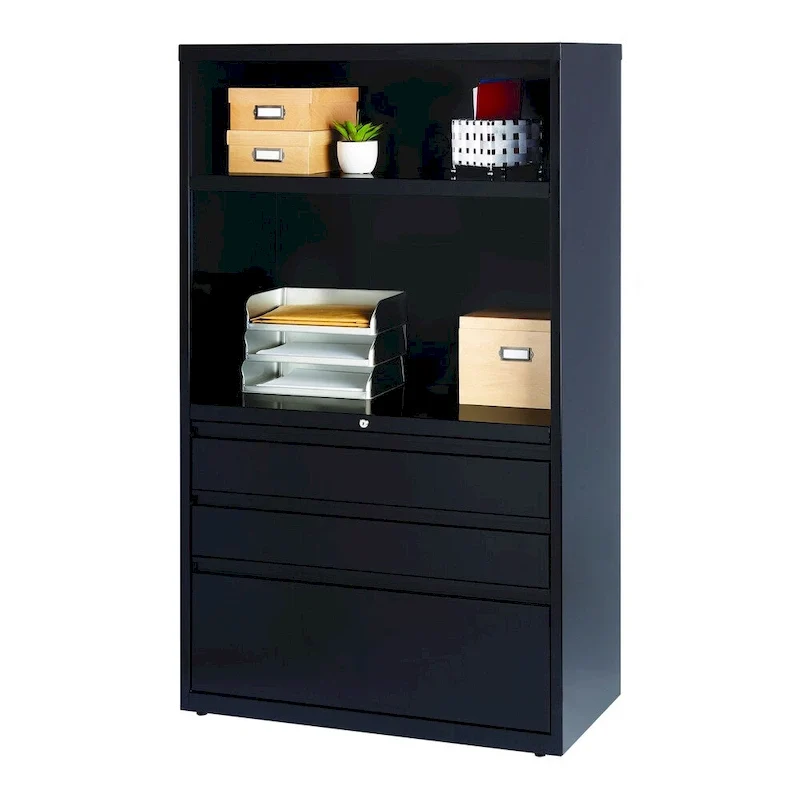 Black Steel Lateral File Cabinet with Locking Drawers and Open Shelves