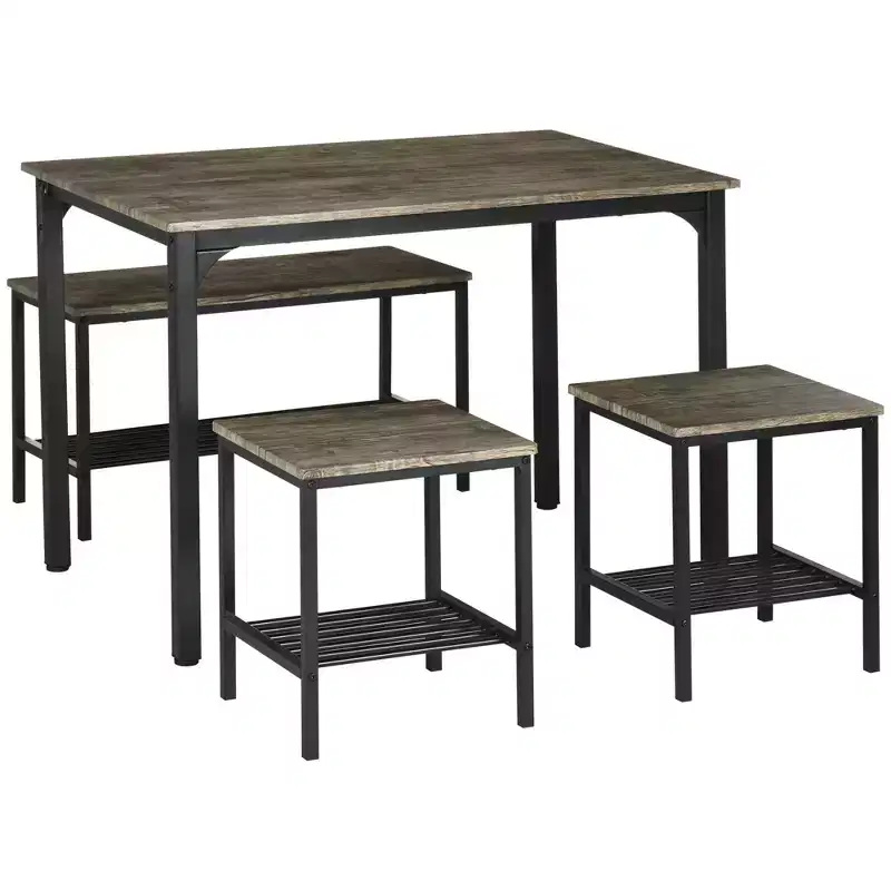 HOMCOM Industrial Dining Table Set, Kitchen Table and Chairs for 4, Dinner Table with Bench Set Metal Frame Storage Shelf, Dinette Set, Rustic Brown