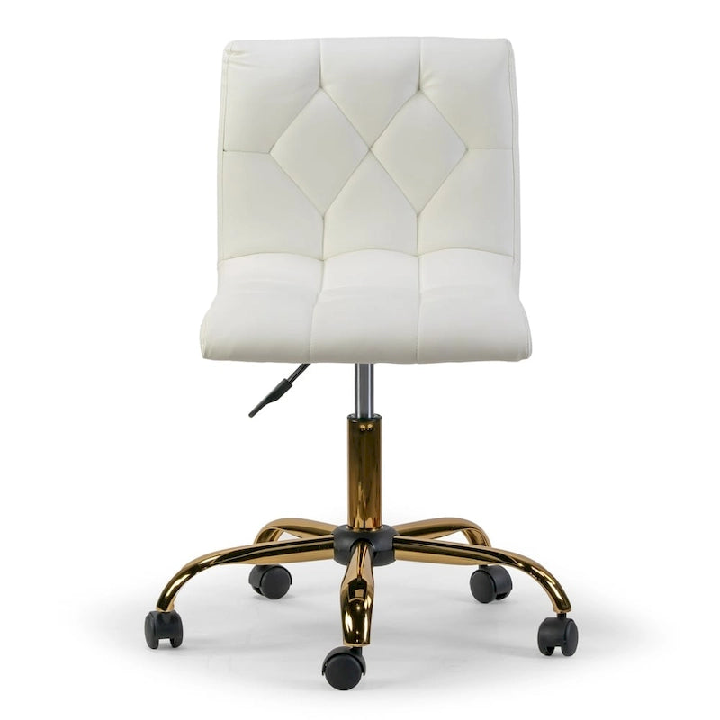 Off-White Faux Leather Armless Swivel Office Chair with Gold Base and Adjustable Height for 1 Person