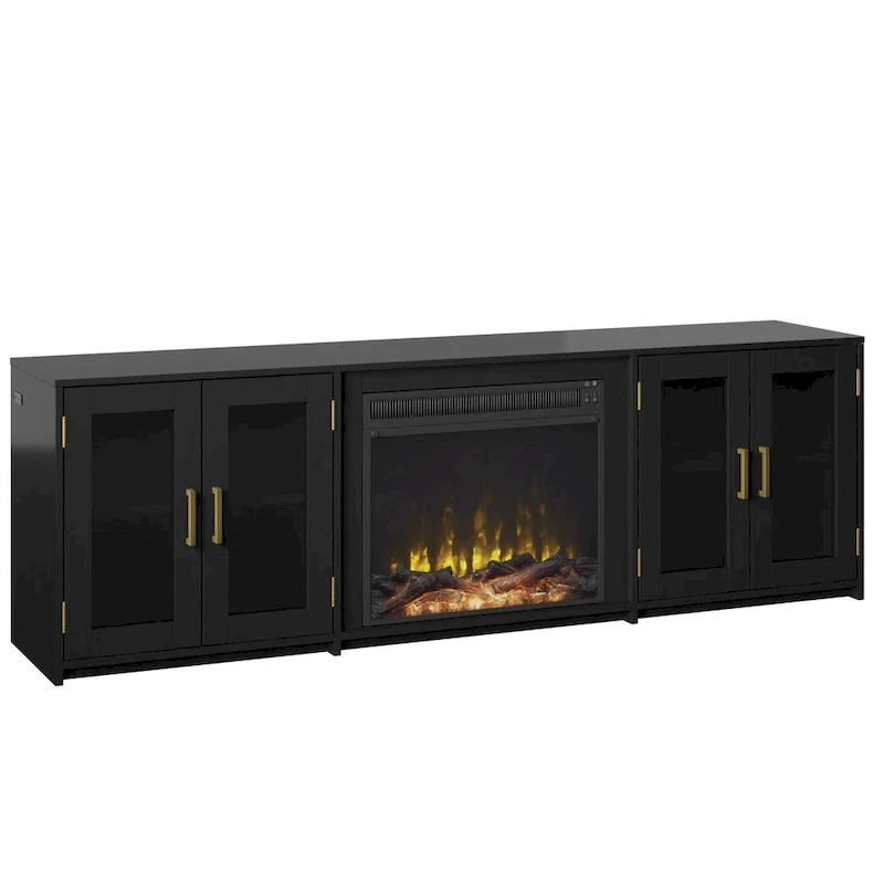 TV Stand with Electric Fireplace and Glass Cabinet Doors, Fits TVs up to 80"