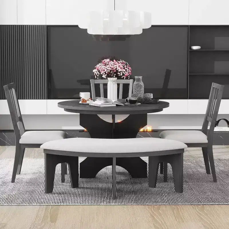 GDFStudio Agnes 5 Piece Rustic Round Dining Set with Upholstered Chairs and Curved Bench
