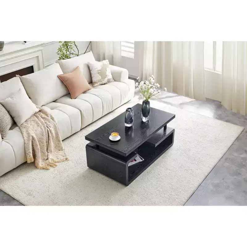 Three-Tier MDF Coffee Table with Black Wood Grain Finish and Multi-Layer Storage for Living Room